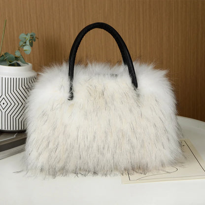 Autumn Winter Faux Fur Tote Bag For Women Rectangular Large Capacity Plush Handbags American Fashion High Street Crossbody Bags
