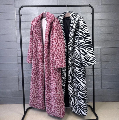 2026 Fashion Zebra Leopard Print Fur Coat Women's Winter Faux Rabbit Hair Fur X-long Overcoat Loose Jacket Streetwear...