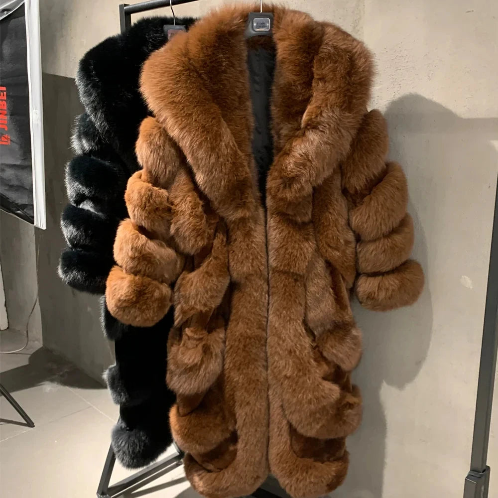 High End Customization Diagonal Stripe Fur Jacket Extra Long Floor Full Length Luxury Silver Fox Fur Coat with Big Collar