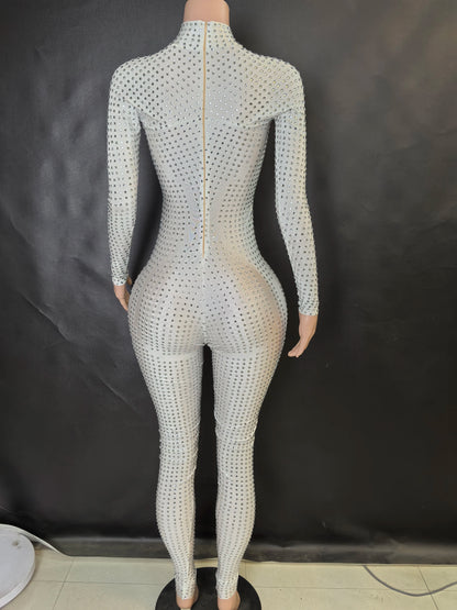 Women's Sparkly Long Sleeve Crystal Rompers Bodycon Bodysuits for Pole Dance Stage Performance Party One Piece Jumpsuits 7G - Kimlud