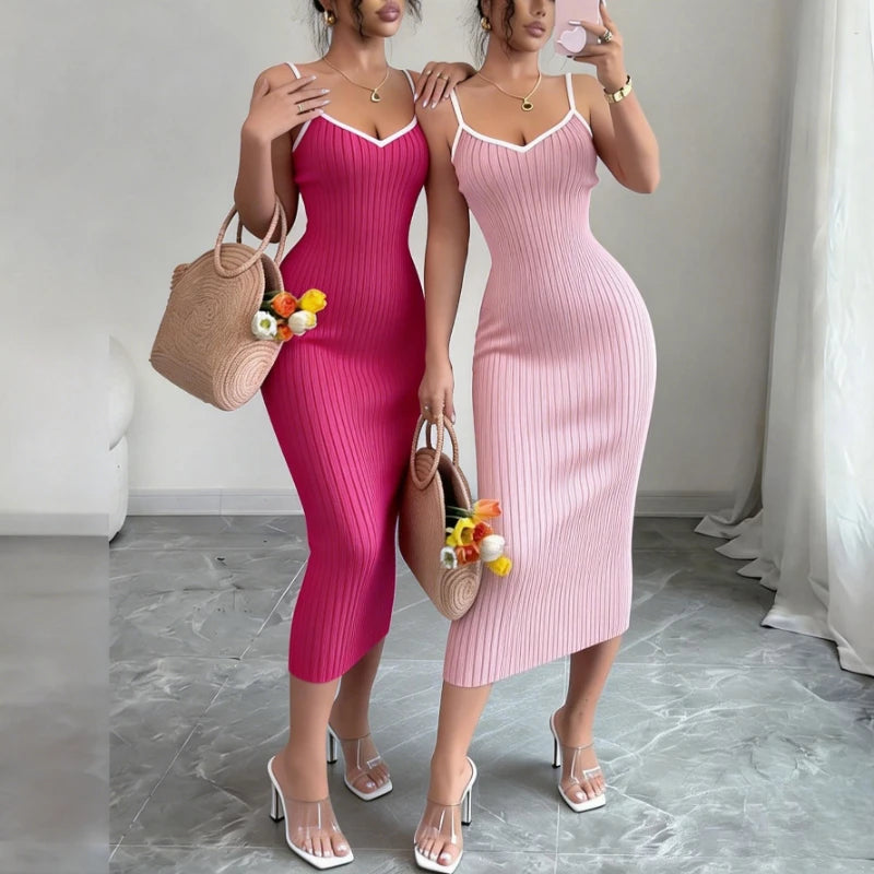 Women's Pink Spaghetti Strap Sleeveless Stretchy Sundress Knit Bodycon Midi Dress Sexy Summer Beach Vacation Party Long...