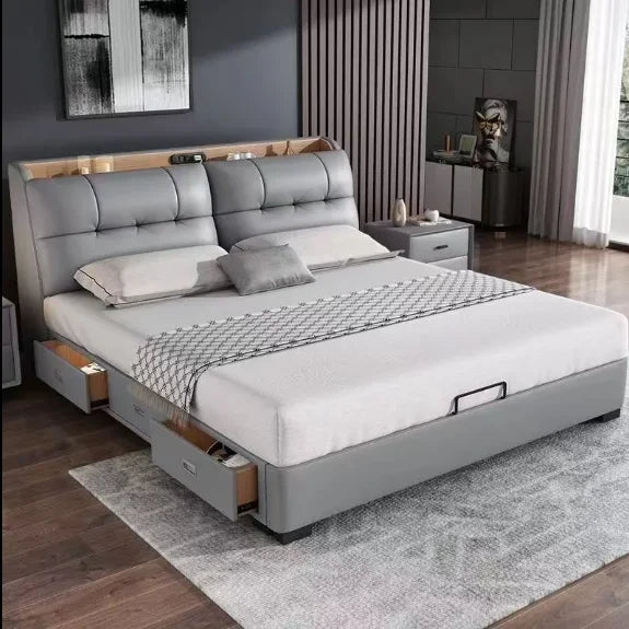 Pure White Nordic Style Oak Panel Queen Bed Frame Steel Frame Cama Modern Bed Queen Size Bed | Kimlud Luxury Bed