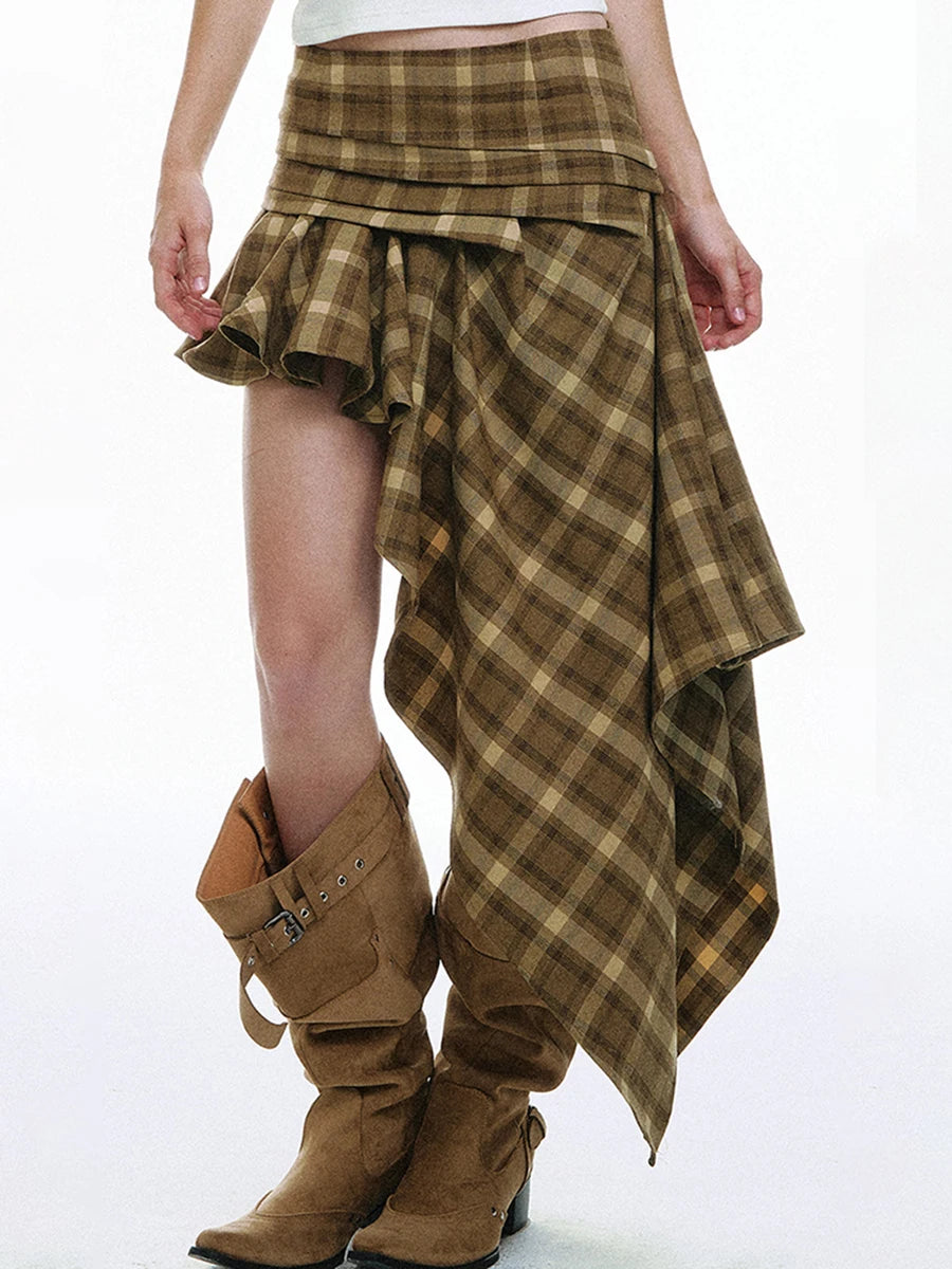 TWOTWINSTYLE Chic Boho Asymmetric High Low Skirt for Women Plaid Tartan Wrap Ruched Waist Handkerchief Hem Ruffle Mini for Daily - Kimlud