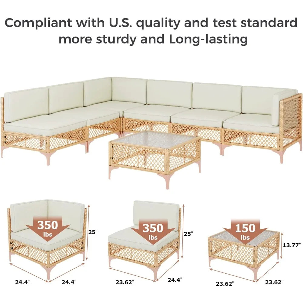 Outdoor Patio Furniture Set, Wicker Outdoor Sectional Set, Boho Patio Conversation Sectional Sofa with Large Tempered...