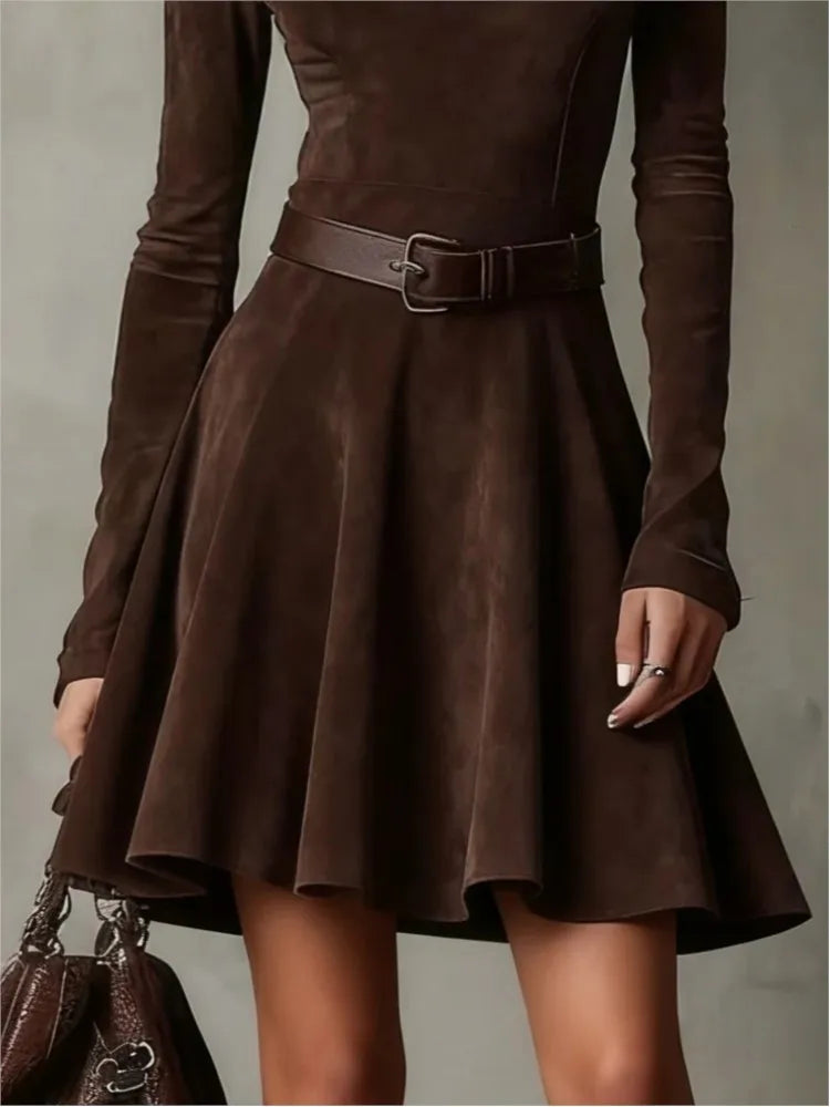 Fashionable O-neck Long-sleeved Mini Dress For Women Spring Autumn Solid Color Elegant Belted Retro Vintage Dresses Female
