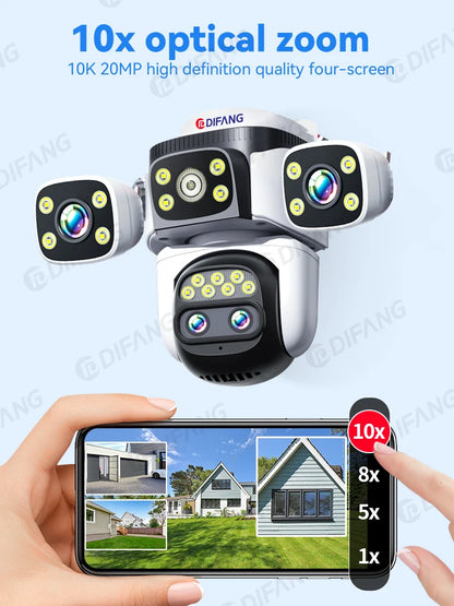 10K WiFi Cam 20MP Wireless Outdoor 10X Zoom Three Screen Four Lens 720° PTZ Automatic Tracking Waterproof Security Camera CCTV