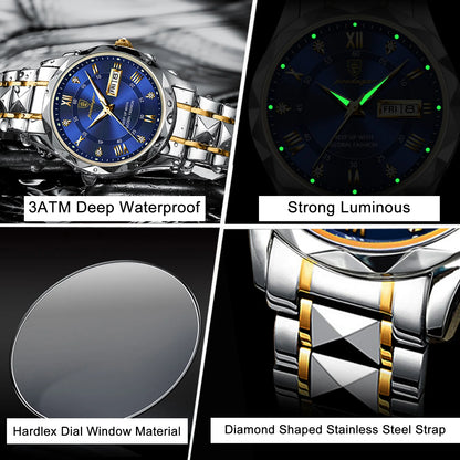 POEDAGAR Luxury Men's Watches Waterproof Luminous Date Week Watch For Man Stainless Steel Quartz Casual Men Wristwatch+Box Gift