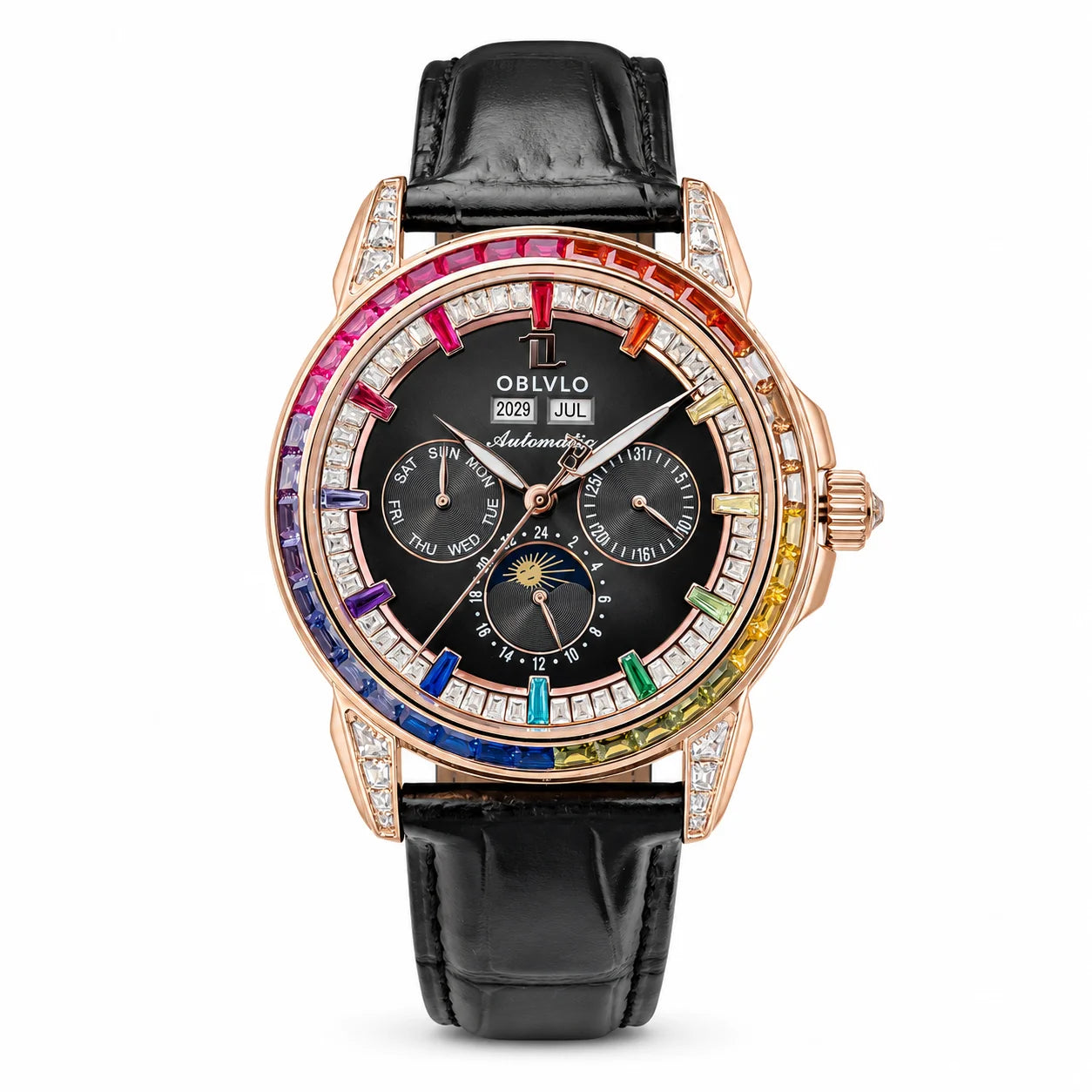 OBLVLO Men's Classic Watch with Colorful Diamonds Bezel Red Dial Mechanical Automatic Moonphase Multifunction Leather Strap GCM-MUT
