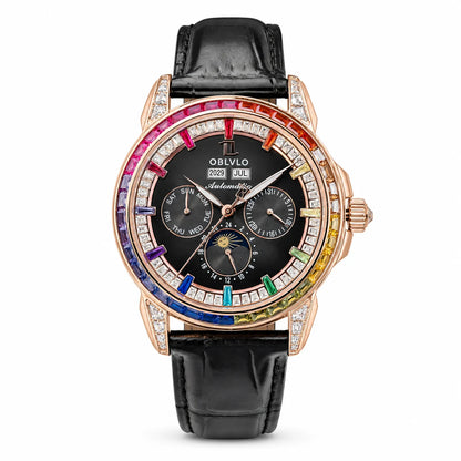 OBLVLO Men's Classic Watch with Colorful Diamonds Bezel Red Dial Mechanical Automatic Moonphase Multifunction Leather Strap GCM-MUT