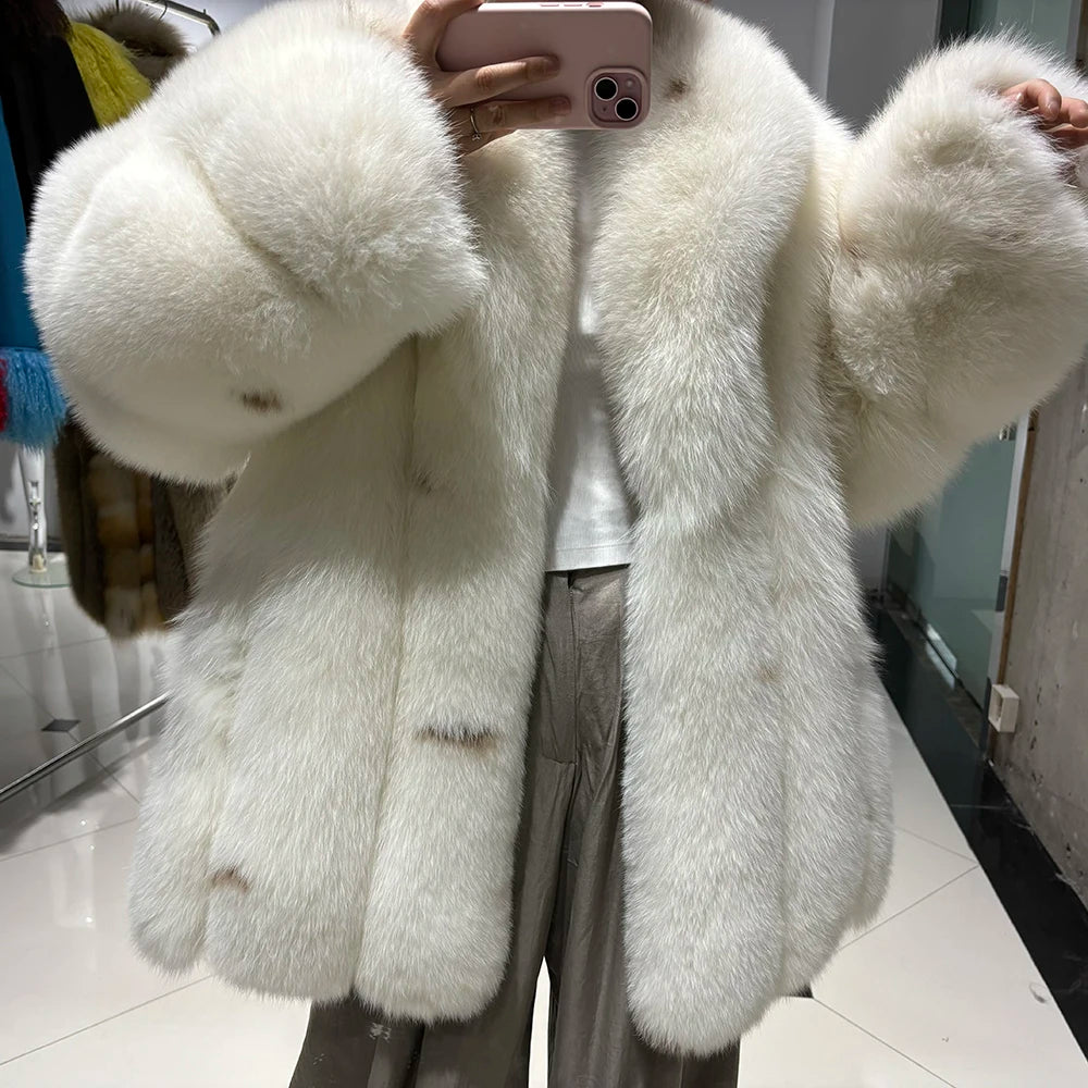 YOLOAgain Women's Luxury White Fox Fur Coat 2024 Winter Warm Real Fox Fur Jacket