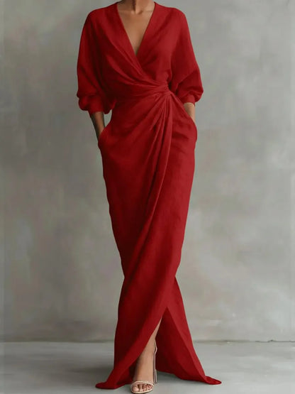Women's Sexy Neck Waist Wrapped Robe 2026 Spring Casual Solid Color Fit Tight Dress Elegant Long Sleeved Slit Super Long...