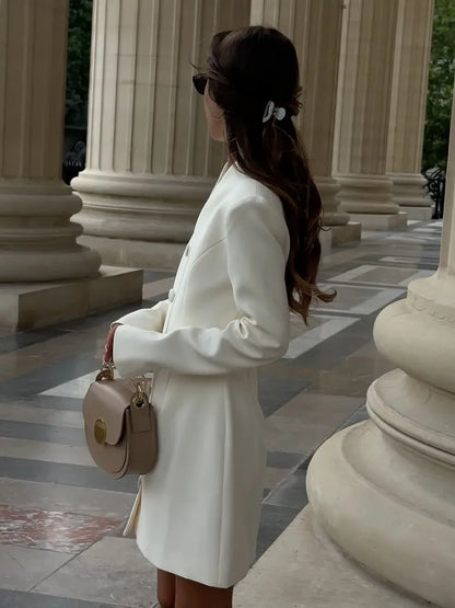 White Single Breasted A-line Mini Dress Women Elegant Solid Color Waist Pleated Short Dresses Daily Chic Evening Dinner Gowns