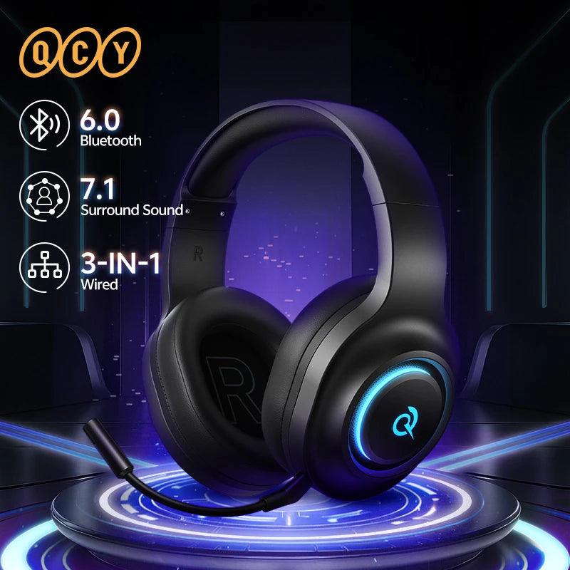 QCY Heroad V200 Gaming Over Ear Headphone Wireless Bluetooth 6.0 with Mic 50mm Driver 7.1 Surround Sound Dynamic EQ RGB Headset
