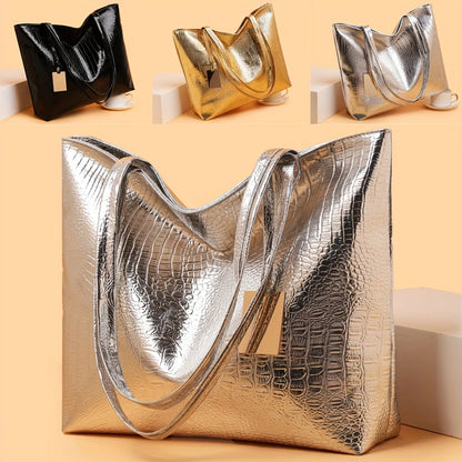 Vintage Women's Tote Bag, Large Capacity Handbag Shoulder Bag with Zipper Closure, Metallic Finish Handbags for Work, Parties