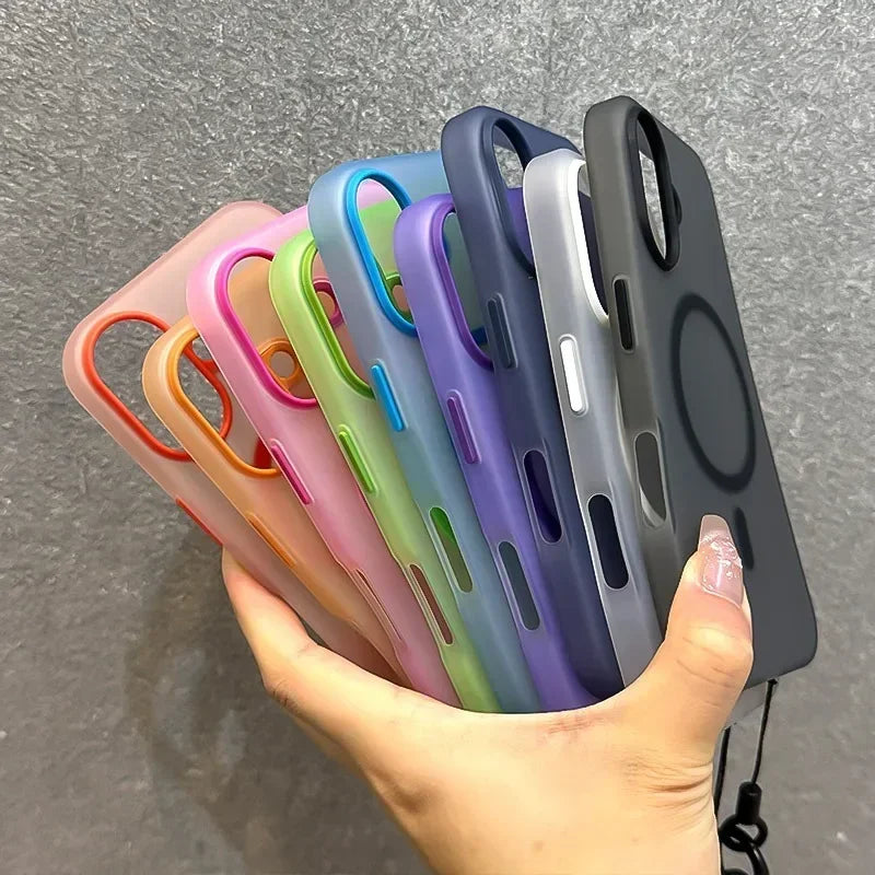 For Magsafe Candy Color Contrast Lanyard Case For iPhone 16 15 17 Pro Max 14 Plus 11 12 13 16e Hand Wrist Strap Matte Soft Cover - Kimlud