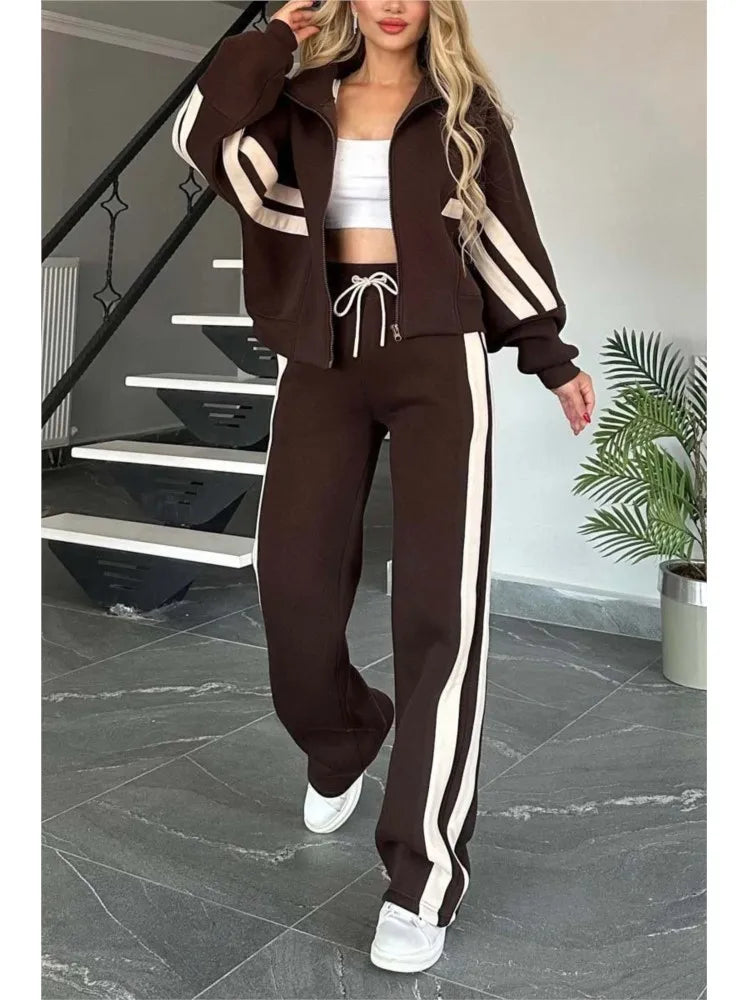 Autumn Winter Women's New Hoodie Suit Y2K Striped Zipper Loose Fit Jacket Outwear And High Waist Side-striped Pants Sports Sets - Kimlud