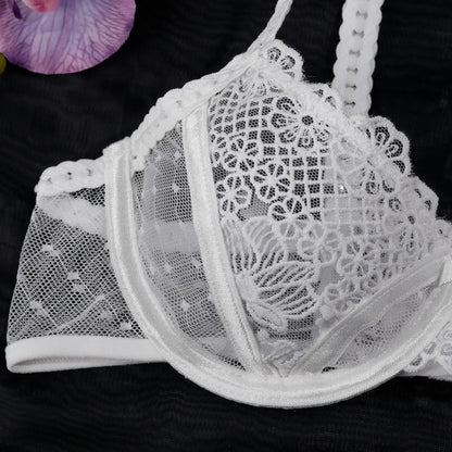 Ellolace Romantic Lingerie Sexy Women Beautiful Boudoir Bra Belt Thong 3PC Set Pure See Through Dot Embroidery Wedding Underwear