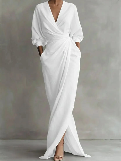 Women's Sexy Neck Waist Wrapped Robe 2026 Spring Casual Solid Color Fit Tight Dress Elegant Long Sleeved Slit Super Long...