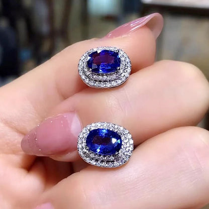 Huitan Gorgeous Blue Cubic Zircon Stud Earrings Temperament Oval Shaped CZ Earrings Wedding Engagement Fashion Jewelry...