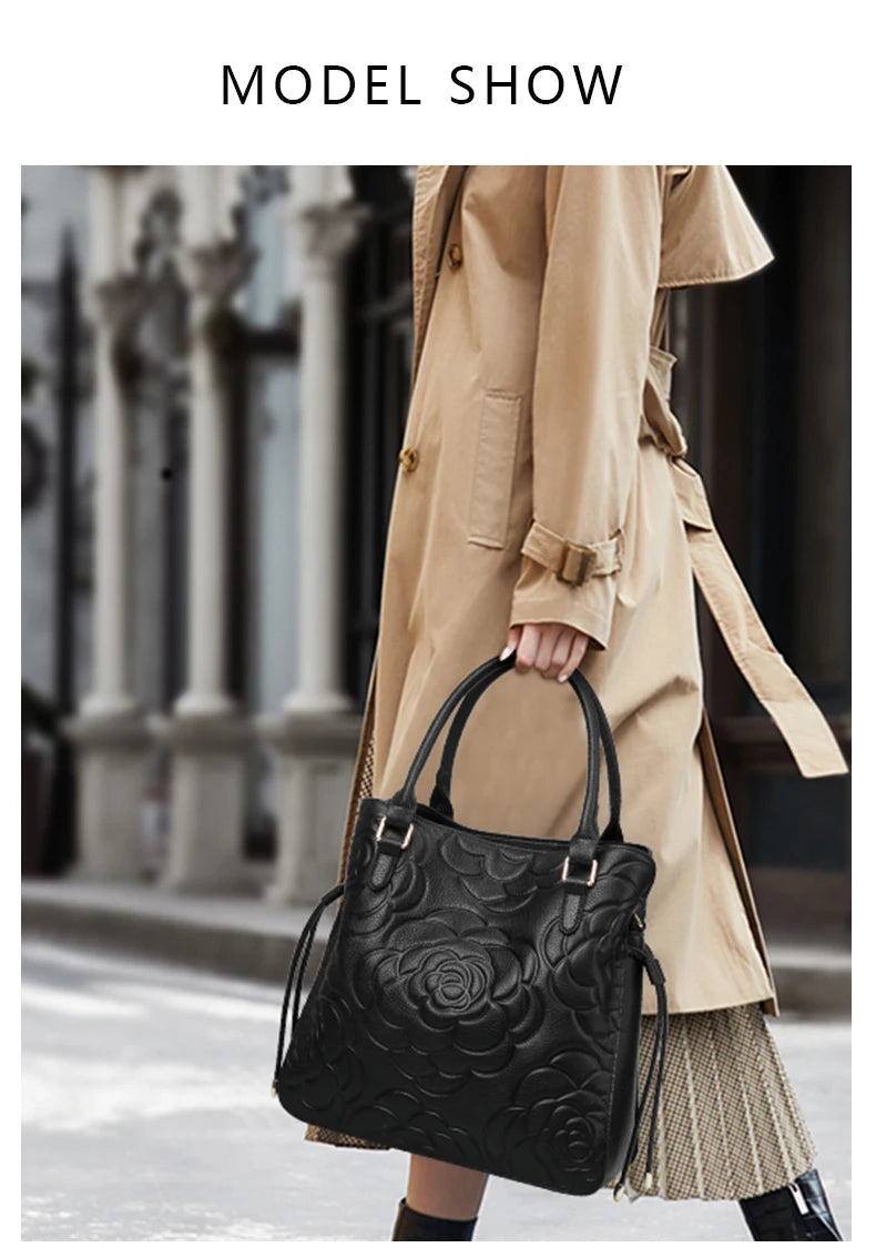 Aidrani Fashion Genuine Leather Women's Bag Large Capacity Women's Handbag Black Embossed Cowhide Shoulder Bag