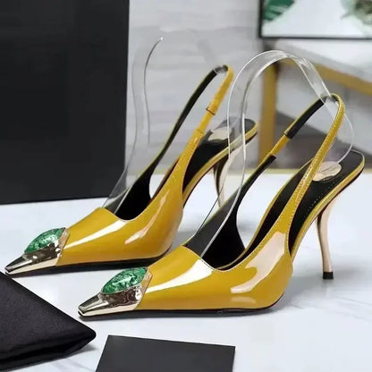 Luxury Metal Jewel Decoration Heels Women 2025 Sexy Pointed Toe Patent Leather Women Pumps Elegant Banquet High Heeled Sandals - Kimlud
