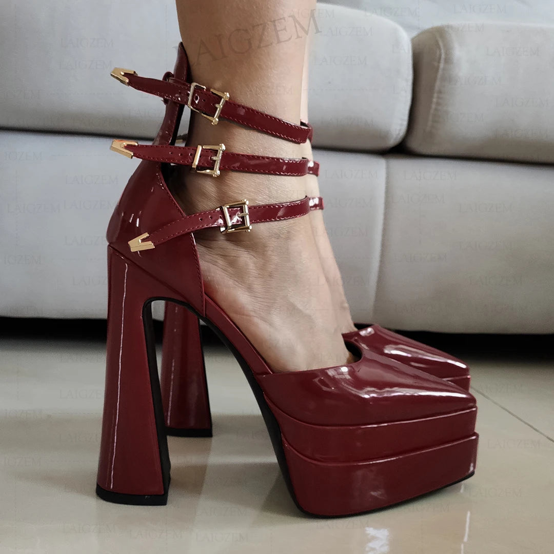 LAIGZEM Women Pumps Pointed Toe Shiny Buckle Straps 14.5CM Thick High Heels Sandals Cosplay Ladies Shoes Woman Big Size 35 41 43