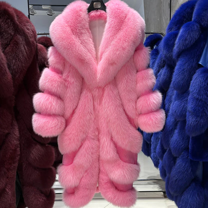 YOLOAgain 2025 Winter Warm Luxury Real Fox Fur Coat Women Pink Fox Fur Jacket Long