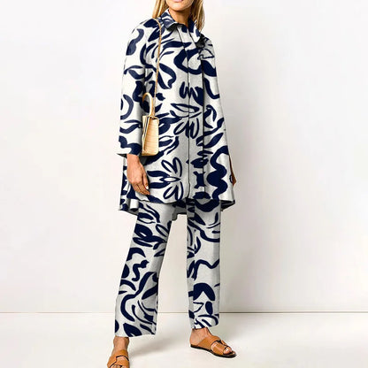 Autumn New Vintage Printed Pant Sets Women Long Shirts And Wide Legs Trousers Two Piece Set Fashion Trendy Streetwear Lady Suits