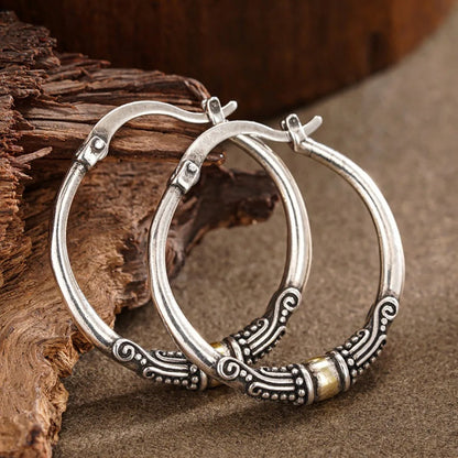 New Creative Retro Ethnic Pattern Double Color Stainless Steel Hoop Earrings for Women Trendy Personality Daily Wear Jewelry