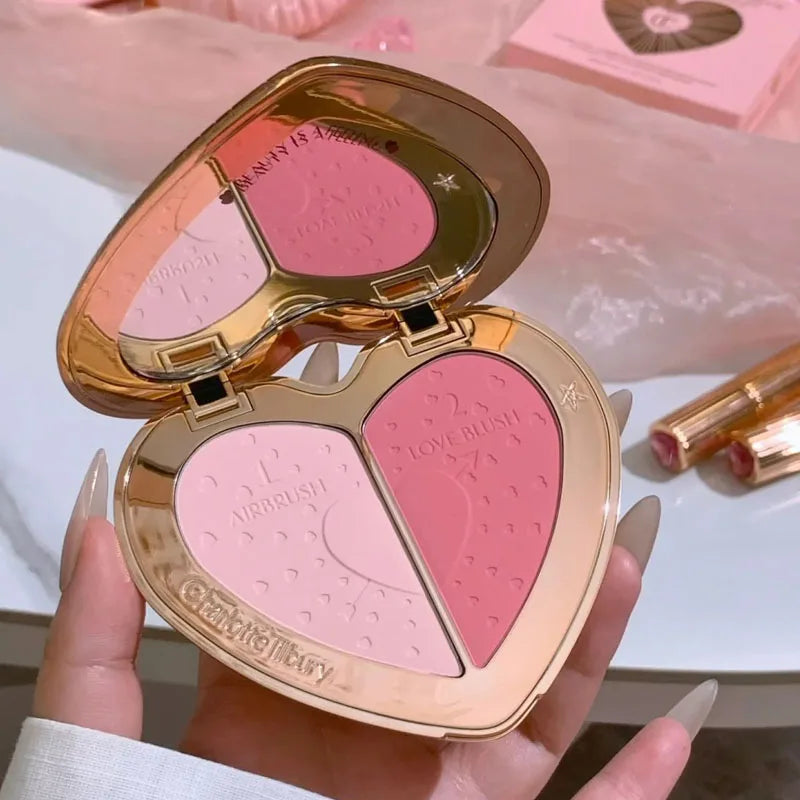 Charlotte 4 Colors Pink Diamond Heart-Shaped Lipstick Luminous Lip Glow and Two Color Heart Shape Powder Blusher Tilbury Makeup