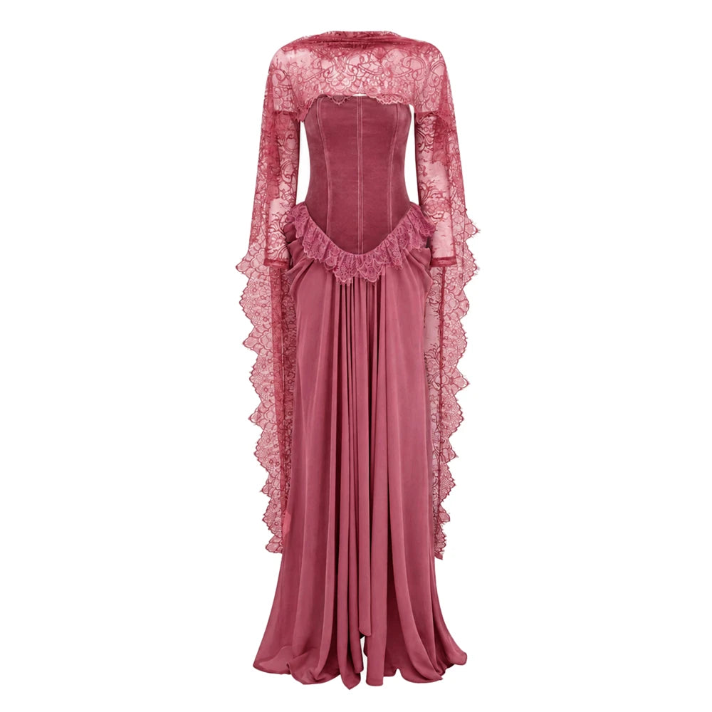 Mila Custom Dusty Rose High Neck Lace Long Flounce Sleeve Mermaid Prom Dress Spliced Velvet Formal Evening Gown Homecoming Dress - Kimlud
