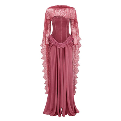 Mila Custom Dusty Rose High Neck Lace Long Flounce Sleeve Mermaid Prom Dress Spliced Velvet Formal Evening Gown Homecoming Dress - Kimlud