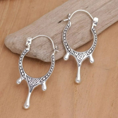 Vintage Handmade Pattern Silvery Plated Irregular Hoop Earrings Women's Fashion Personalized Banquet Festival Jewelry Accessory