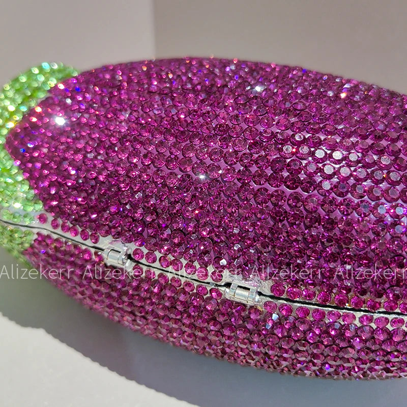 Alizekerr Eggplant Shaped Diamond Evening Bags Women Gorgeous Metallic Rhinestone Purses Ladies Unique Handbags Wedding Party - Kimlud