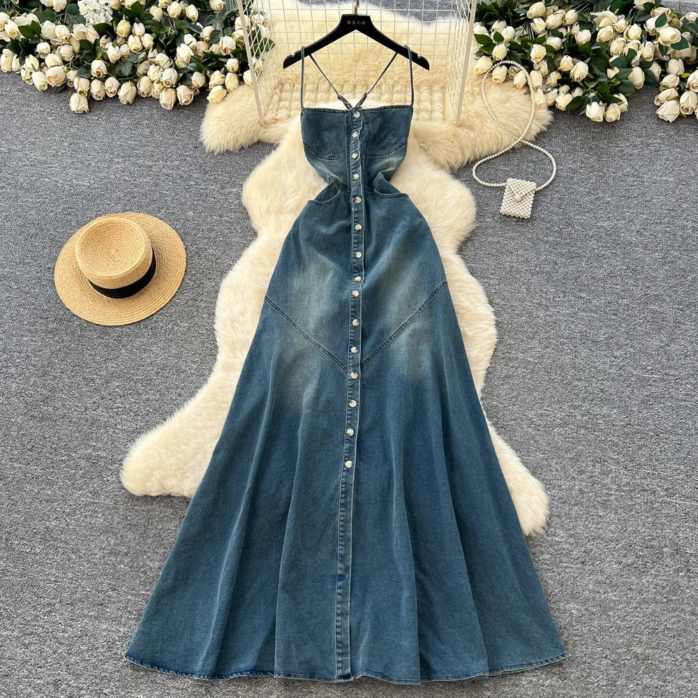Long Dress Women Denim Dresses Sling Strapless A Line Vestidos Y2k Streetwear Sleeveless Sexy Elegant Party Night Work 2026 - Kimlud