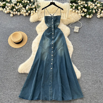Long Dress Women Denim Dresses Sling Strapless A Line Vestidos Y2k Streetwear Sleeveless Sexy Elegant Party Night Work 2026 - Kimlud