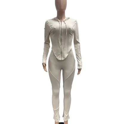 Splicing Lines Ribbed 2 Piece Set Women Tracksuits Long Sleeve Zipper Hooded Jackets Tops + Slit Flare Pants Slim Casual Suits