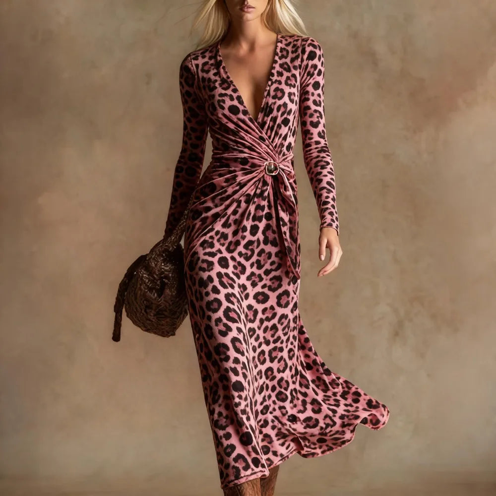 Sexy Leopard Print Velvet Maxi Dress Women Long Sleeve V Neck Twist Front Elegant Cocktail Party Dress Vacation Evening Dress