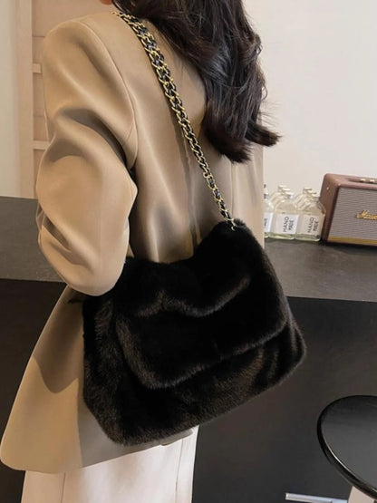 Fashion White Plush Tote Bag Women Casual Large Capacity Chain One Shoulder Bags Autumn/Winter New Fake Fur Handbag Trend