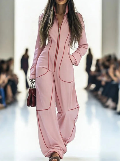 Women Stand Collar Zip Up Jumpsuit Long Sleeve Contrast Stitching Wide Leg With Pockets Casual Streetwear Party Holiday Outfits