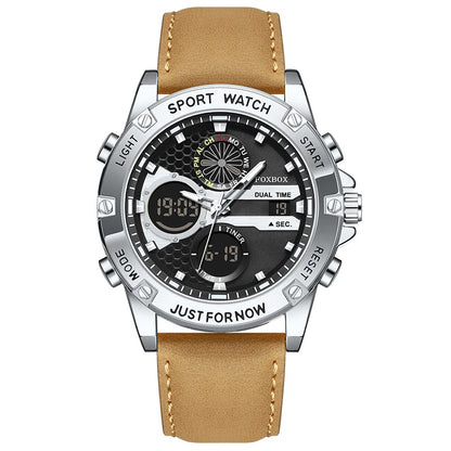 FOXBOX Fashion Men's Luxury Watch Leather Strap Quartz Watches Business Dual Display Waterproof Date Chronograph Man Watch+Box - Kimlud