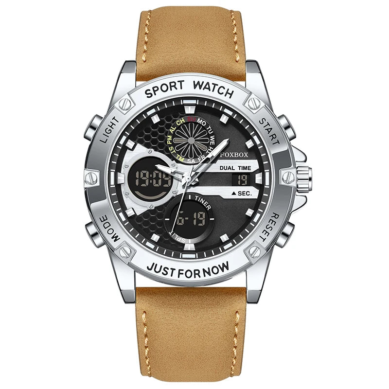FOXBOX Fashion Men's Luxury Watch Leather Strap Quartz Watches Business Dual Display Waterproof Date Chronograph Man Watch+Box - Kimlud