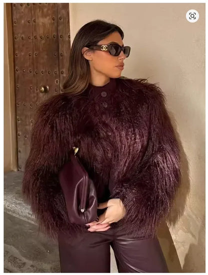 Women's Faux Fur Warm Jacket Fashion Vintage Winter Casual Single Breasted Coat Long Sleeves Stand Collar Short Tops Outwear