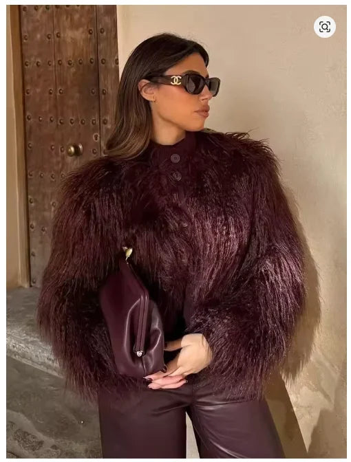 Women's Faux Fur Warm Jacket Fashion Vintage Winter Casual Single Breasted Coat Long Sleeves Stand Collar Short Tops Outwear