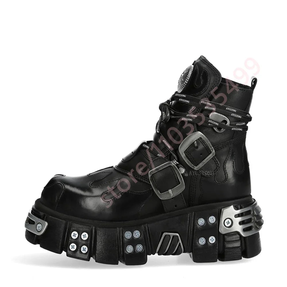 2025 Black Metal Studded Ankle Boots Punk Rock Party Motorcycle Style Lace-Up Casual Sporty Round Buckle Street Fashion