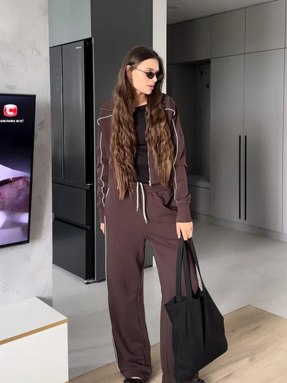 Women's Autumn Casual Long Sleeve Zipper Hoodie Jacket Striped Elastic Pants Set Fashionable Two-Piece Suit Comfortable Wear - Kimlud