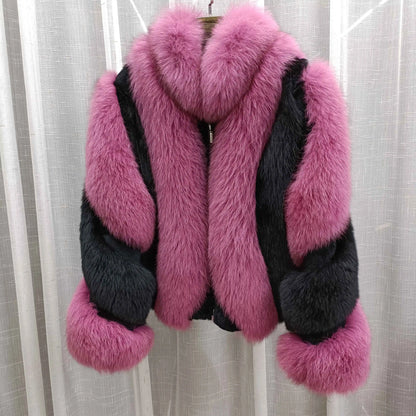 Women's Real Red Fox Fur Jacket With Silver Fox Collar Coat Thick Warm and Fashionable in Winter 23A0616