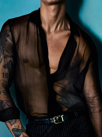 Men's Summer Black Thin See-through Clothes Men's Casual Shirt Breathable Blouse Night Bar Club Sexy Costume - Kimlud