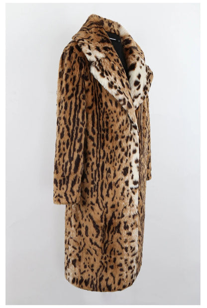 Nerazzurri Winter Long Loose Luxury Thick Warm Soft Fluffy Leopard Print Faux Fur Coat Women Lapel Runway European Fashion 2022