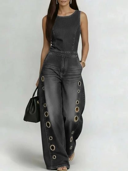 Women's Sleeveless Denim Jumpsuit High Waist Wide Leg Pants with Gold Eyelet Cutout Decor Streetwear Casual Fashion Romper - Kimlud